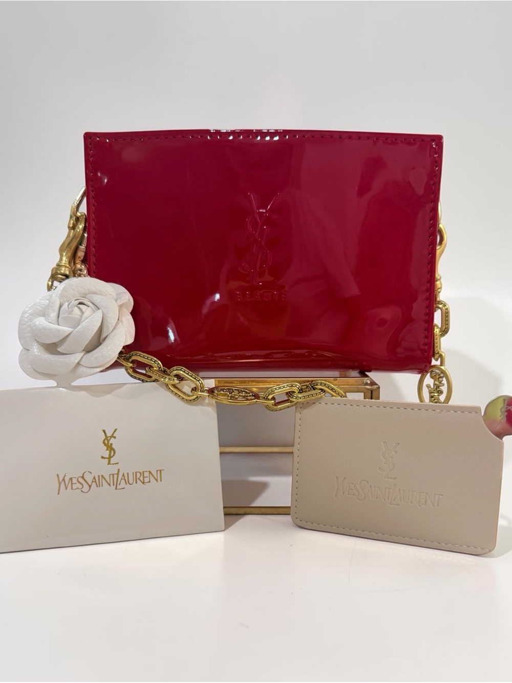 YSL Beaute NEW Red Patent Leather Pouch Shoulder Bag + Chain & Card Mirror ✨
